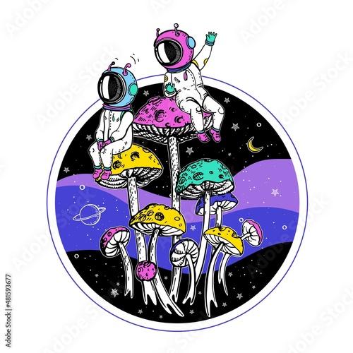 Mushrooms are like planets. Space illustration. Tattoo sketch.