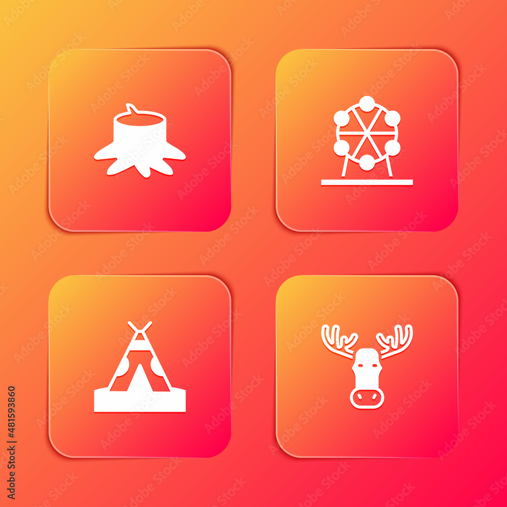 Set Tree stump, Ferris wheel, Indian teepee or wigwam and Moose head with horns icon. Vector Set Tree stump, Ferris wheel, Indian teepee or wigwam and Moose head with horns icon. Vector