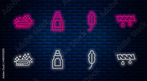 Set line Bottle for cleaning agent, Feather, Towel stack and Squeeze clothes. Glowing neon icon on brick wall. Vector