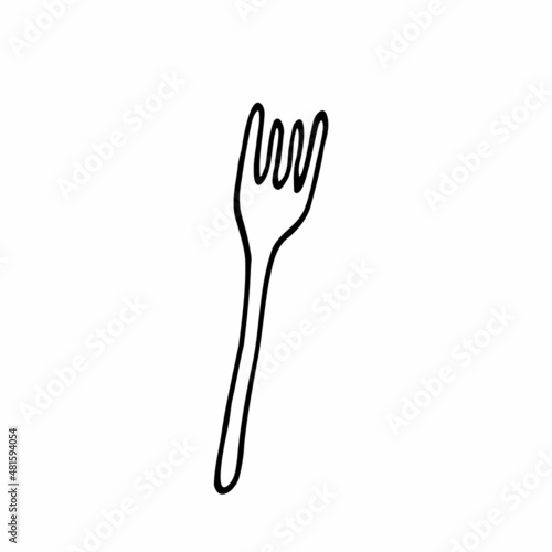 Plastic disposable fork. Cutlery for the holiday. Element for decorating a fun party. Hand drawn line vector illustration in doodle style.