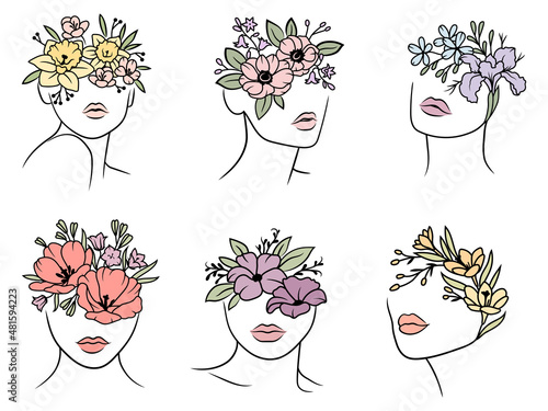 Set of female faces with flowers. Collection of woman's head with flower. Design for printing. Boot. Vector illustration isolated on white background.