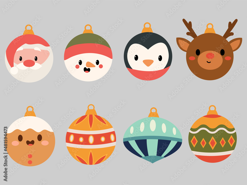 Set of Christmas decorations. Collection of Christmas tree toys. Vektor illustration of stylized decoration for New Years celebration. Set of Christmas decorations. Collection of Christmas tree toys. Vektor illustration of stylized decoration for New Years celebration.