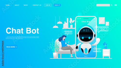 Woman Chatting With Chat Bot On Smartphone. Chat Bot Technology and Online Help Center Concept. Vector EPS 10