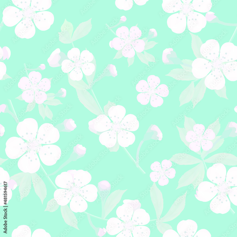 Blossoming branches of Japanese cherry on blue in a random arrangement square format. Pink Sakura texture, EPS 10, vector Blossoming branches of Japanese cherry on blue in a random arrangement square format. Pink Sakura texture, EPS 10, vector