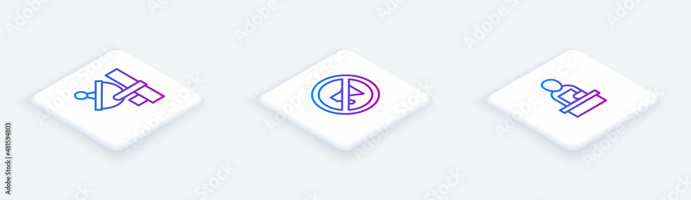 Set Isometric line Radar, Censored stamp and Breaking news. White square button. Vector Set Isometric line Radar, Censored stamp and Breaking news. White square button. Vector