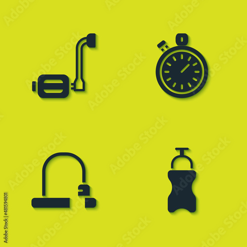 Set Bicycle pedal, Sport bottle with water, lock and Stopwatch icon. Vector