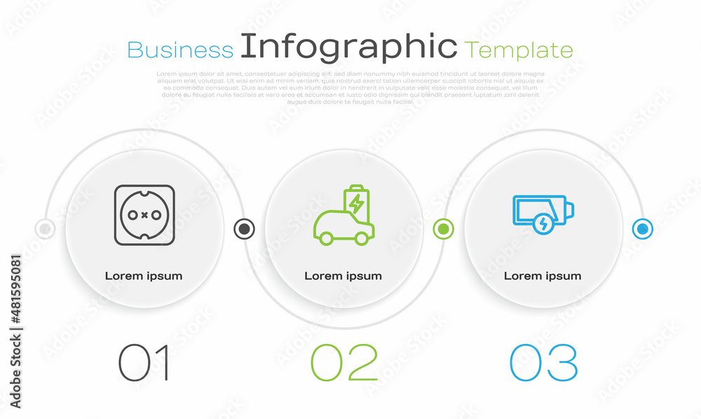 Set line Electrical outlet, car and Low battery. Business infographic template. Vector Set line Electrical outlet, car and Low battery. Business infographic template. Vector