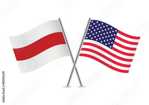 Belarus opposition and America flags. Belarusian opposition and American flags, isolated on white background. Vector illustration.