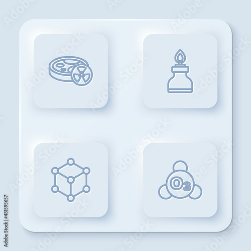 Set line Test tube with toxic liquid, Alcohol or spirit burner, Molecule and Ozone. White square button. Vector