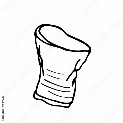 Outline and colorful element plastic pollution. Crumpled plastic cup. Symbol of problem globe pollution. Cartoon hand-drawing style. Garbage and trash object.