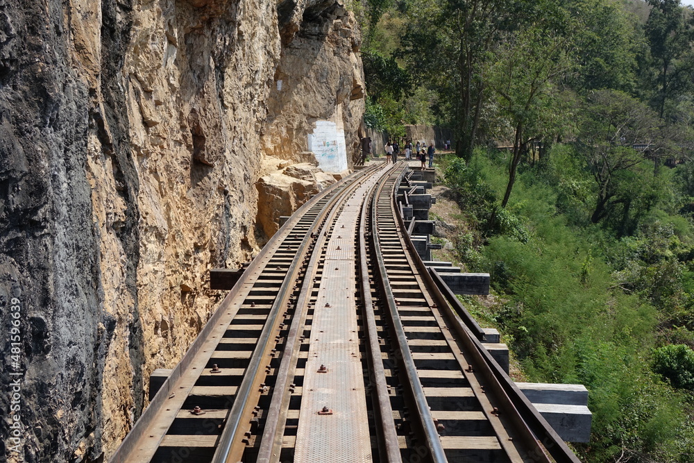 Tracks of Thai Burma Railway (Death Railway) on Tham Krasae Bridge at River Kwae Noi (horizontal image), Kanchanaburi, Thailand Tracks of Thai Burma Railway (Death Railway) on Tham Krasae Bridge at River Kwae Noi (horizontal image), Kanchanaburi, Thailand