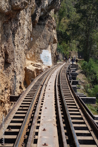 Tracks of Thai Burma Railway (Death Railway) near River Kwae Noi (vertical image), Kanchanaburi, Thailand