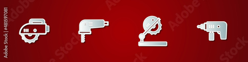 Set Electric circular saw, jigsaw, Table for woodwork and drill machine icon. Vector