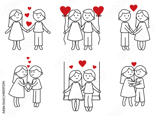 Set of doodle couple with heart. Collection of illustrations of a loving young couple. Love story. Future family. Colorful illustration for the children. People in love. Relationship. 