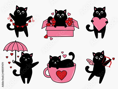 Set of valentine black cat. Collection of cats with hearts. Symbol love. Veterinary logo. Design element for holiday postcard. Tattoo. Pet lover. Animals in love. Vector illustration for kids.