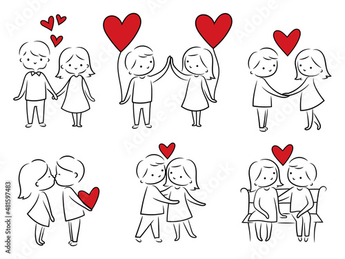 Set of doodle couple with heart. Collection of illustrations of a loving young couple. Love story. Future family. Colorful illustration for the children. People in love. Relationship. 