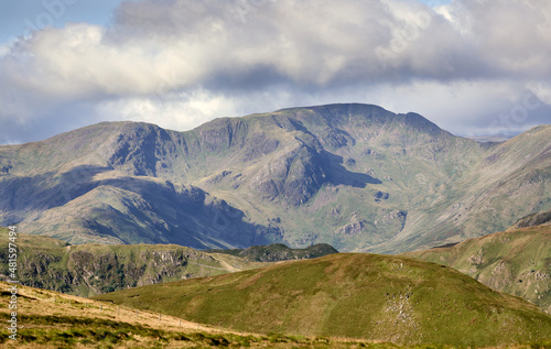 Views of Hart Crag and Fairfield from the summit of High Street with The Nab in between in the English Lake District, England, UK.