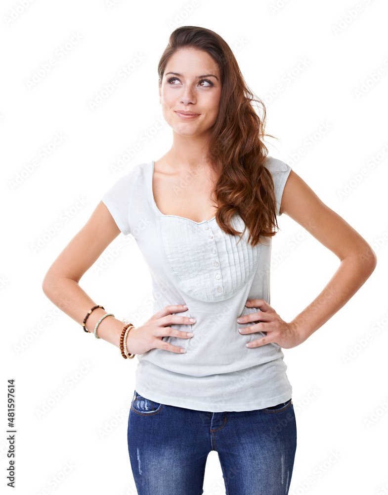 Fototapeta premium What shall I do tomorrow. A gorgeous young woman standing with her hands on her hips while looking sideways.