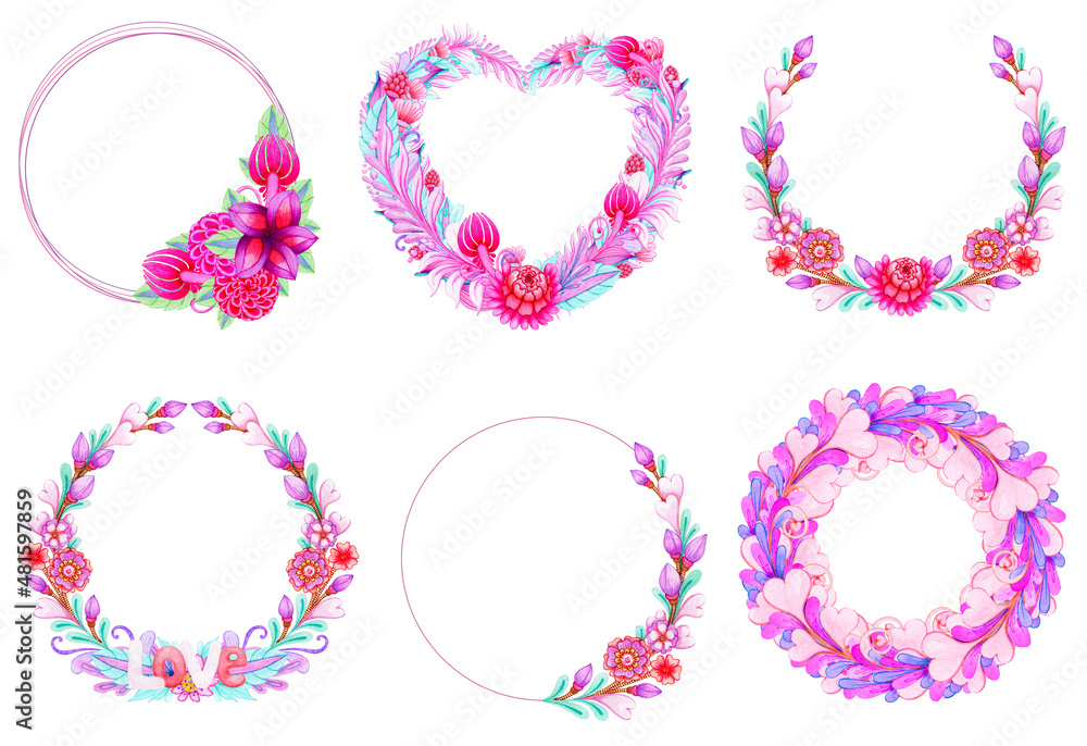 Set of floral wreaths with place for text. Hand drawn watercolor painting. Purple pink round border. Isolated illustration on a white background.