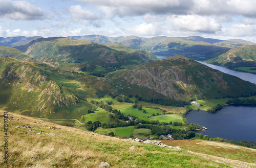 Looking down onto Howtown from Swarth Fell with views of Pikeawassa, Martindale, The Coombs, Hallin Fell and Lake Ullswater in the English Lake District, England, UK. photo