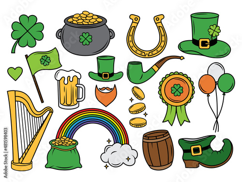 Set of Happy St. Patrick's Day symbols. Collection of elements  St. Patrick's Day clover, leprechaun hat, pot of gold coin, glass bear. Vector illustration isolated on a white background.