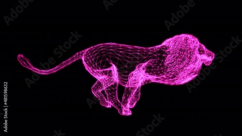 Lion Wireframe Running Neon Light Loop Animation on Transparent Background 4k UHD