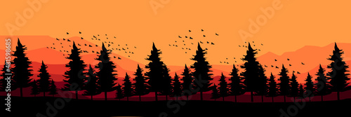 forest mountain flat design vector illustration for poster template, web banner, blog banner, website background, tourism promo poster, adventure design backdrop and poster design template