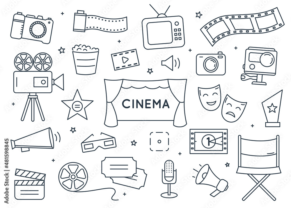 Cinema elements doodle set isolated.