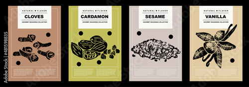 Cloves, cardamon, sesame, vanilla. Set of posters of spices and herbs in a abstract draw design. Label or poster for food preparing and culinary. Simple, flat design. For poster, cover, banner. 