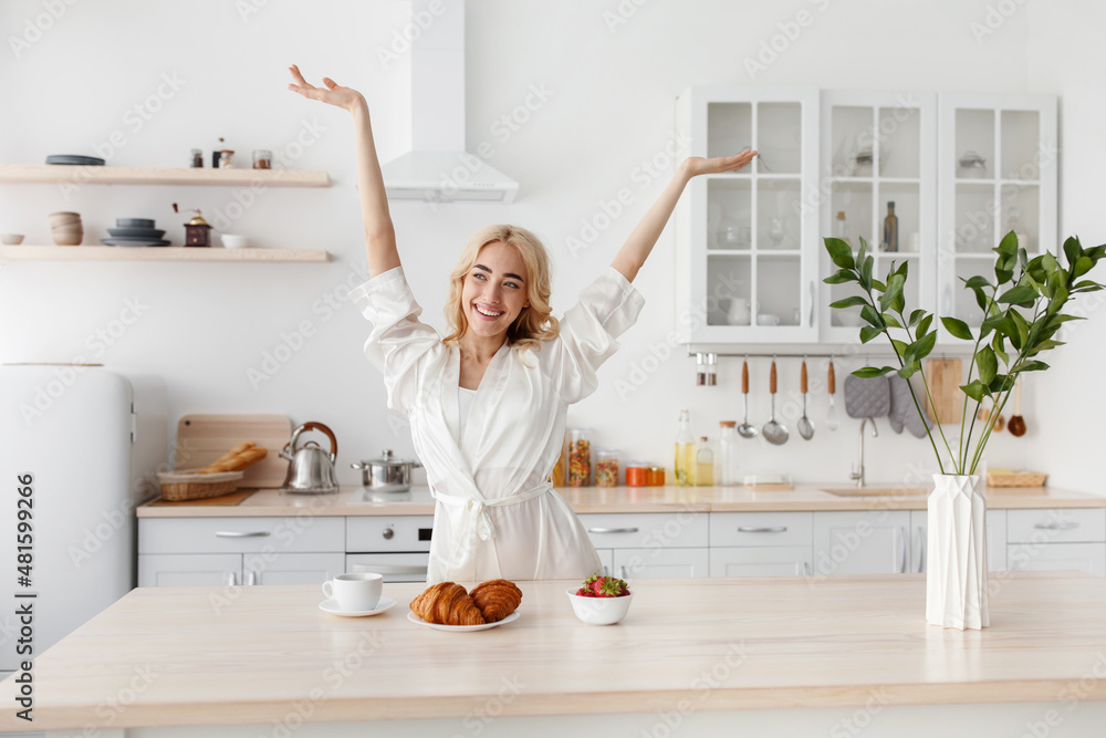Wonderful morning, woman enjoy freshness and energy, healthy breakfast Wonderful morning, woman enjoy freshness and energy, healthy breakfast