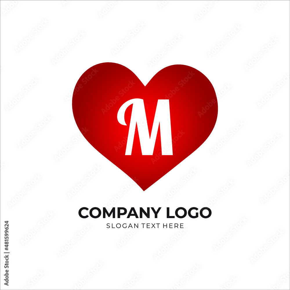 M letter logo with heart icon, valentines day love concept