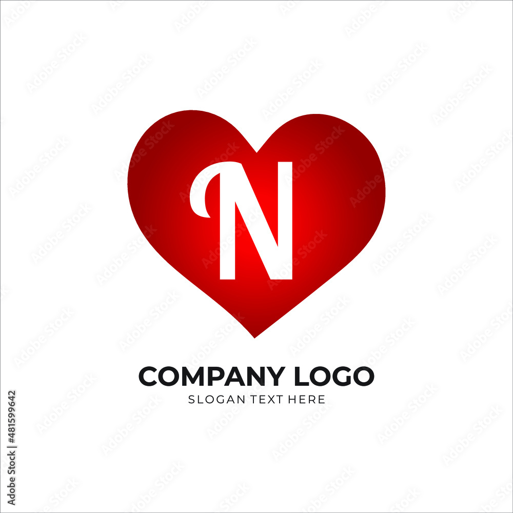 N letter logo with heart icon, valentines day love concept