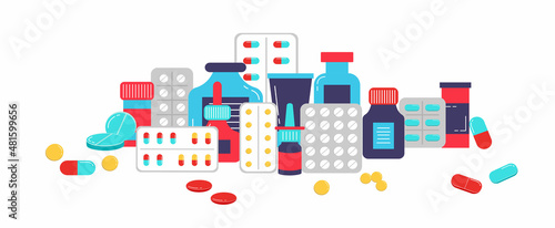 Various meds on white background. Different medical pills and bottles, healthcare and shopping, pharmacy, drug store. Web banner landing page. Vector illustration in flat style.