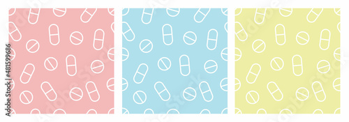 Set, collection of three vector seamless pattern backgrounds with medicine, pills for healthcare and pharmacy design. Soft colors. Vector illustration good for print, textile, banner, backdrop