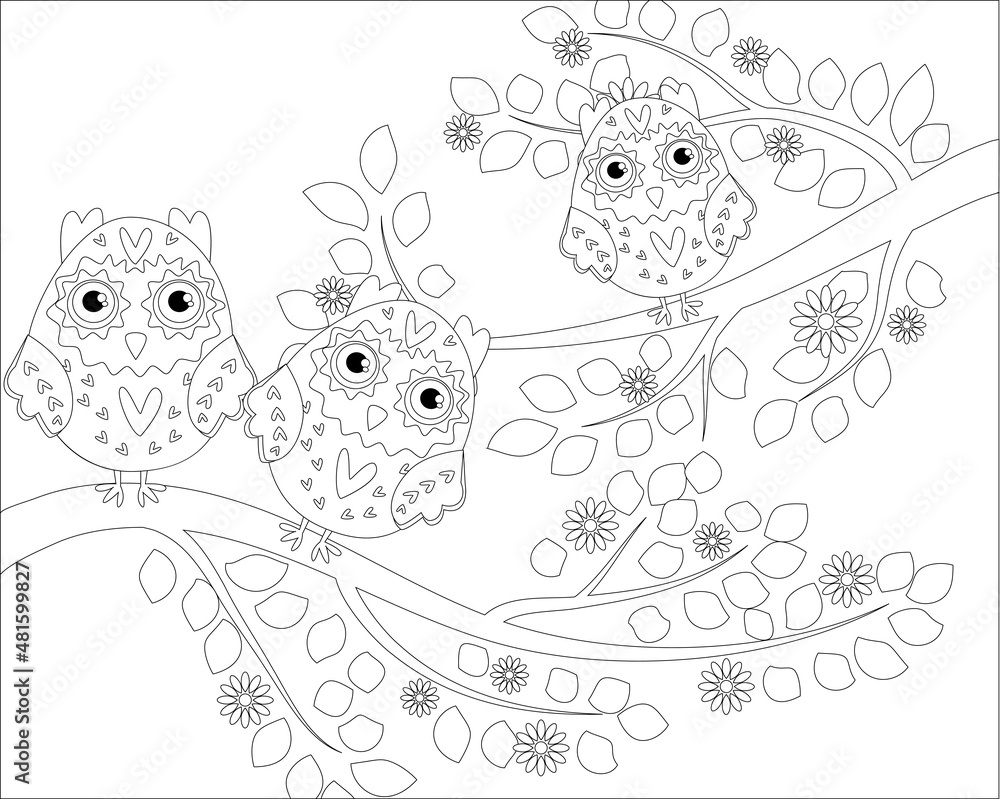 Fototapeta premium Coloring book for adult and older children. Coloring page with cute owl and floral frame. Outline drawing in zentangle style