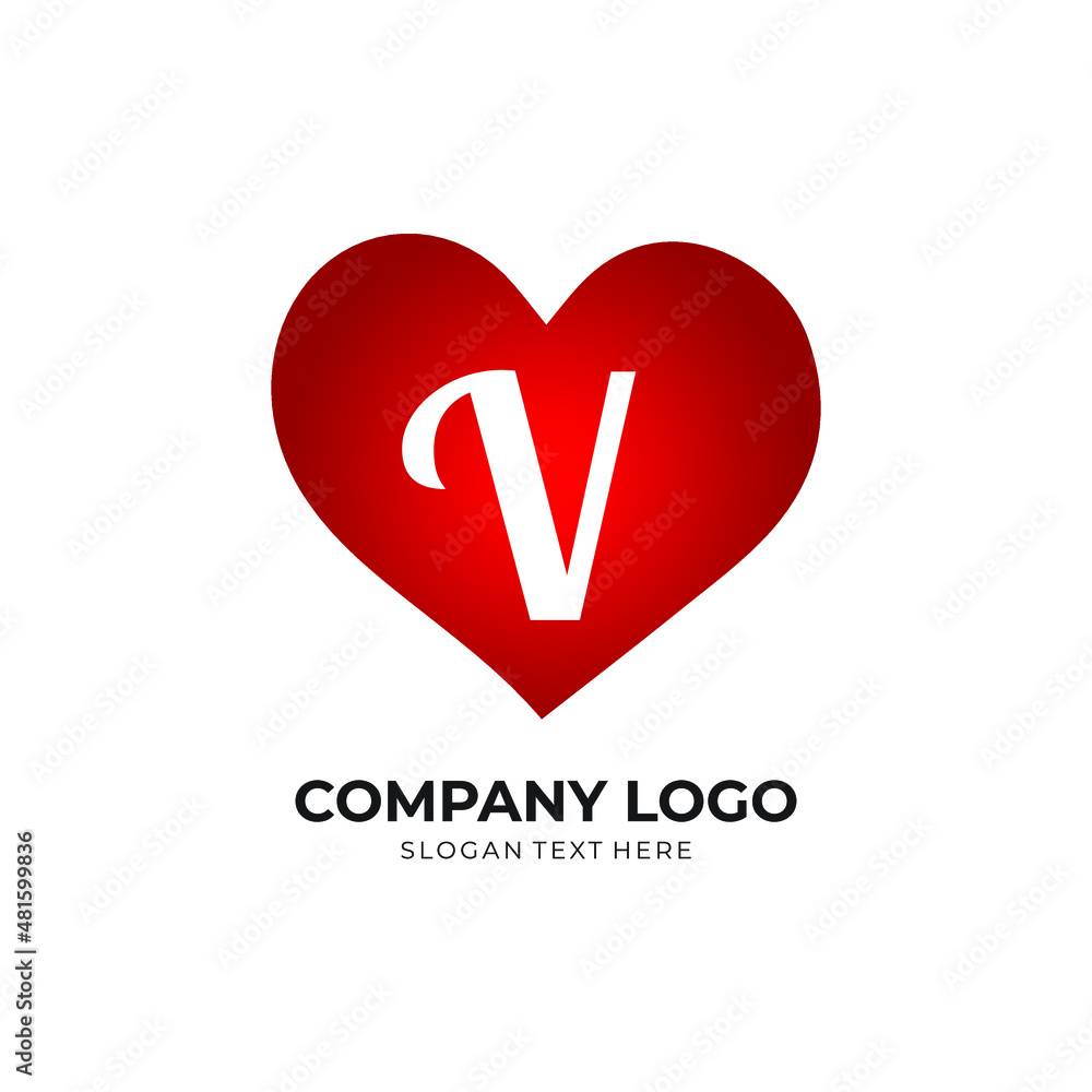 V letter logo with heart icon, valentines day love concept