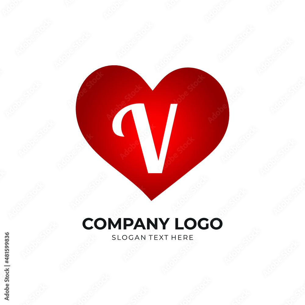V letter logo with heart icon, valentines day love concept V letter logo with heart icon, valentines day love concept