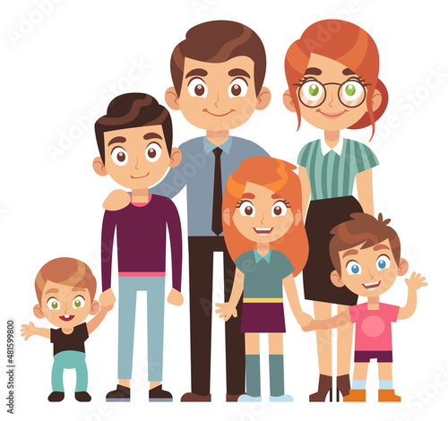 Family with many children. Happy mother and father standing with kids