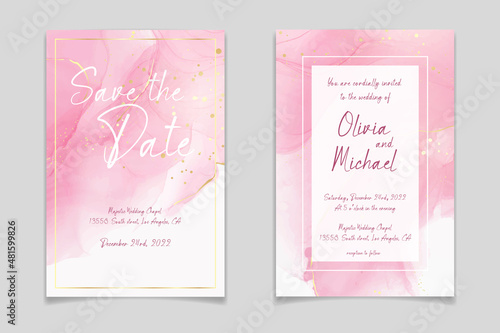 Rose pink liquid watercolor background with golden dots. Dusty blush marble alcohol ink drawing effect. Vector illustration design template for wedding invitation, menu, rsvp