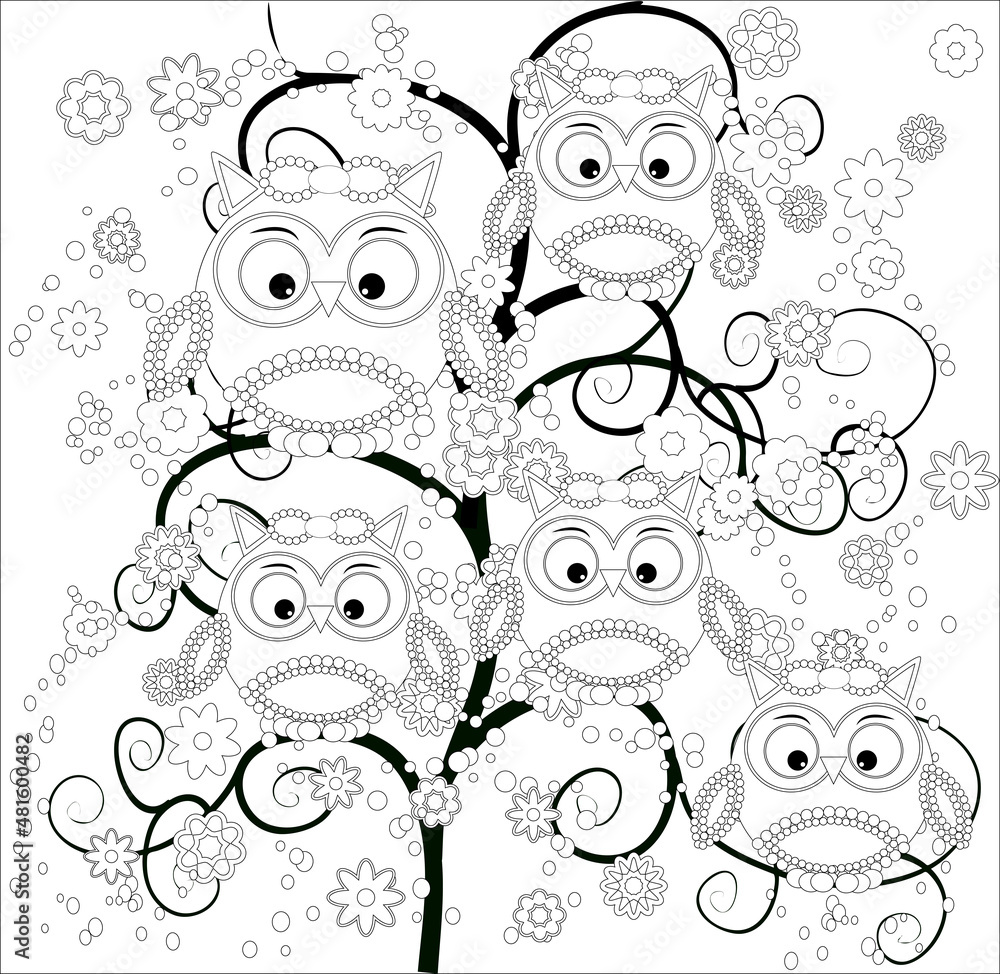 Fototapeta premium Coloring book for adult and older children. Coloring page with cute owl and floral frame. Outline drawing in zentangle style