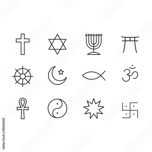 Set of religious icons. Faith icons in simple design. Vector illustration. Black and white