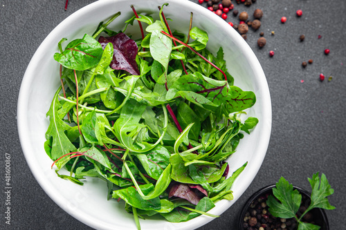 fresh green salad leaves mix healthy meal food snack on the table copy space food background rustic top view