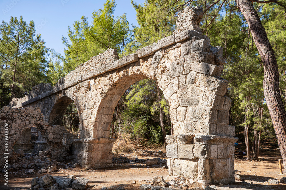 Ruins of the aqueduct of the ancient ancient city of Phaselis illuminated by the bright sun in Pine forest, woods in sunny weather in Turkey, Antalya, Kemer. Turkey national nature landmarks. Ruins of the aqueduct of the ancient ancient city of Phaselis illuminated by the bright sun in Pine forest, woods in sunny weather in Turkey, Antalya, Kemer. Turkey national nature landmarks.