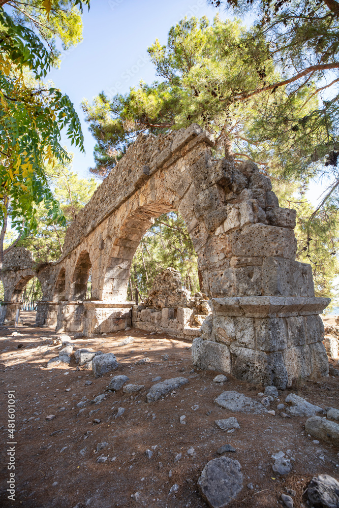 Ruins of the aqueduct of the ancient ancient city of Phaselis illuminated by the bright sun in Pine forest, woods in sunny weather in Turkey, Antalya, Kemer. Turkey national nature landmarks.