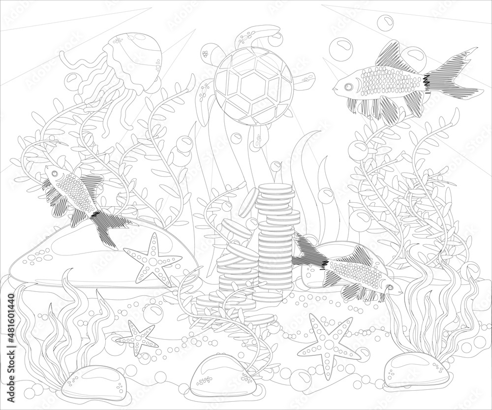 Underwater world. Anti stress coloring book for adult. Outline drawing coloring page. Black and white in zentangle style. Sea, shells.