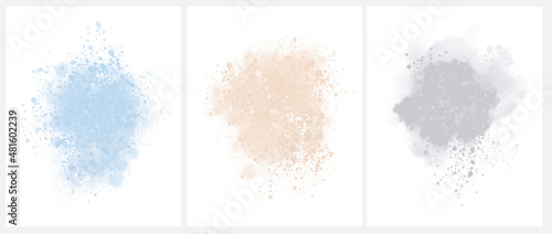 Set of 3 Delicate Abstract Watercolor Style Vector illustration with Light Blue, Gray and Beige Paint Stains on a White Background. Pastel Color Splashes and Splatter Print Set.
