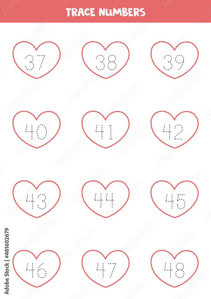 Tracing number. Preschool worksheet for Valentine day.