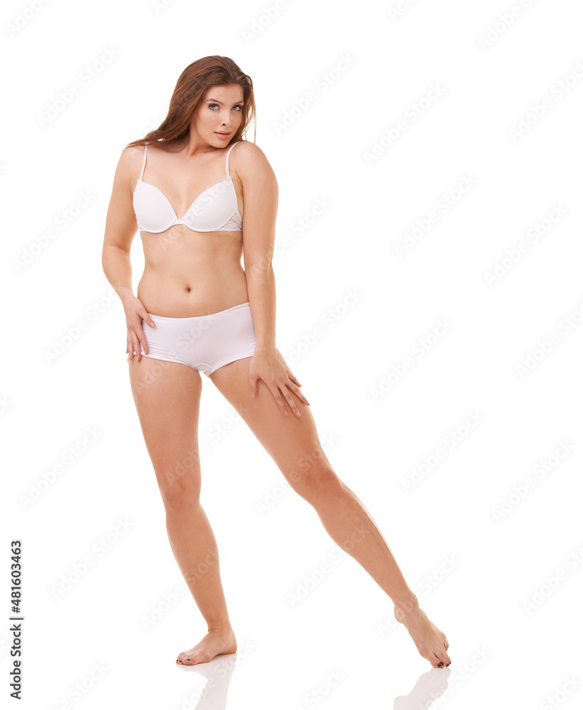 Legs that go on forever.... Full length studio shot of a curvy young model in underwear isolated on white. Legs that go on forever.... Full length studio shot of a curvy young model in underwear isolated on white.