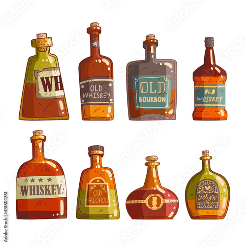Vector set of different bottles with alcohol. Cartoon isolated vintage bottles of alcohol, vector illustration. Colored sketch drawn isolated glass bottles with strong alcohol. Bar menu.