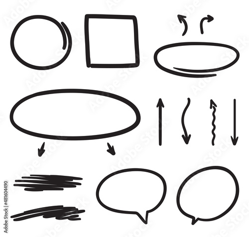 Hand drawn black doodles on white. Abstract objects. Set of hand drawn think and talk speech bubbles. Black and white illustration